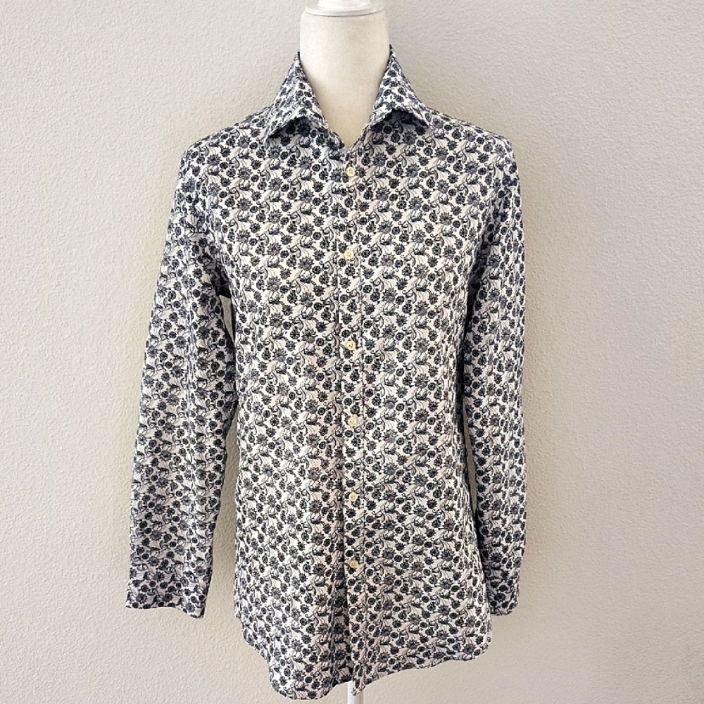 Black Label By Ruffini Black And White Floral Print Slim Fit Buttondown Shirt